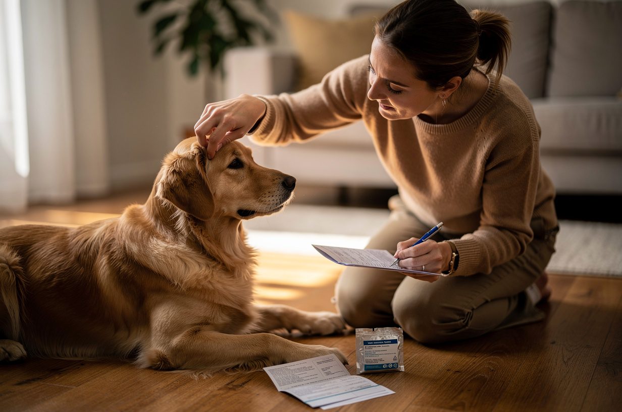 Pet sitter examinant un golden retriever et remplissant sa fiche de santé avant la garde